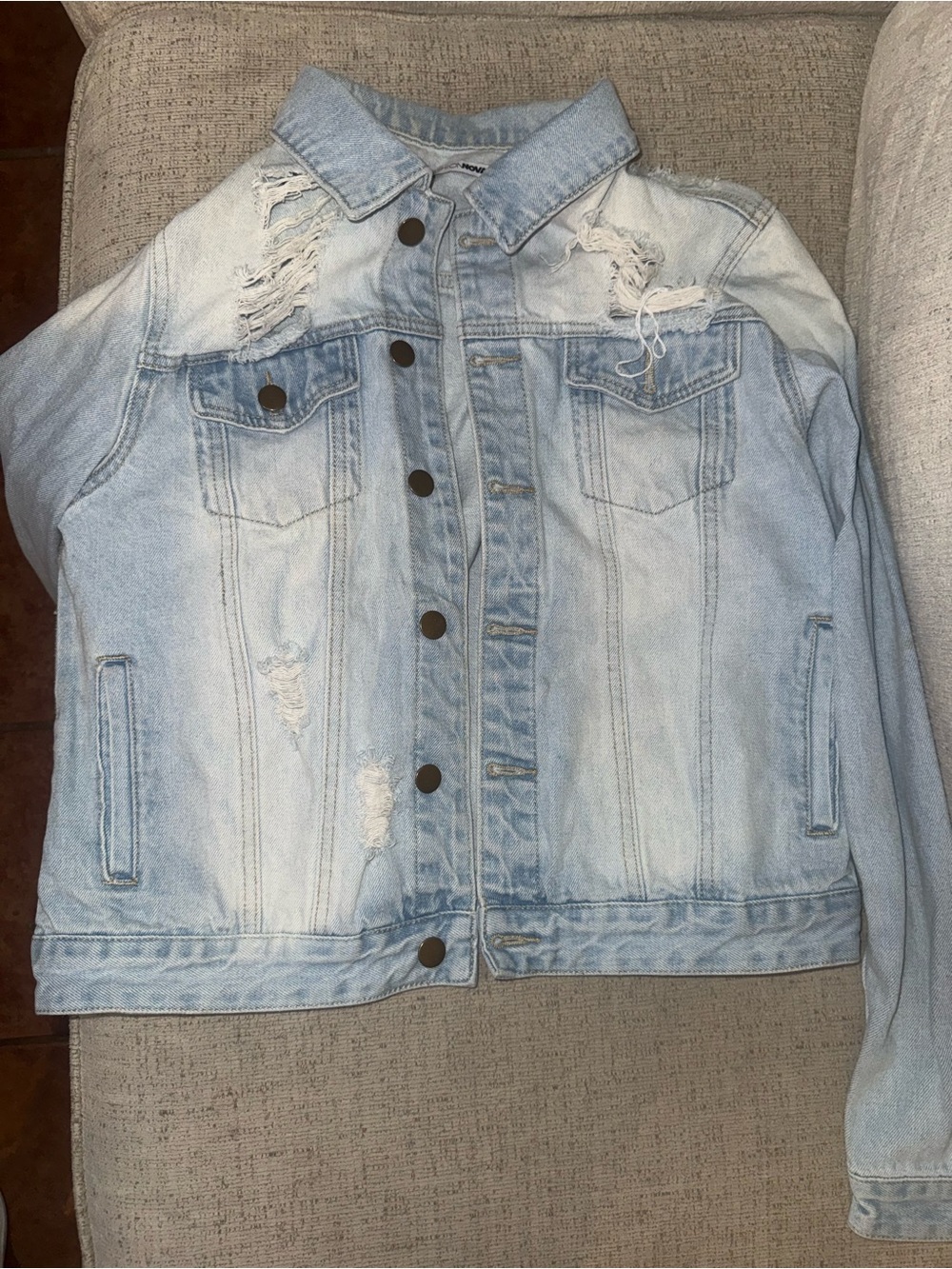 Fashion Nova Light Wash Distressed Denim Jacket